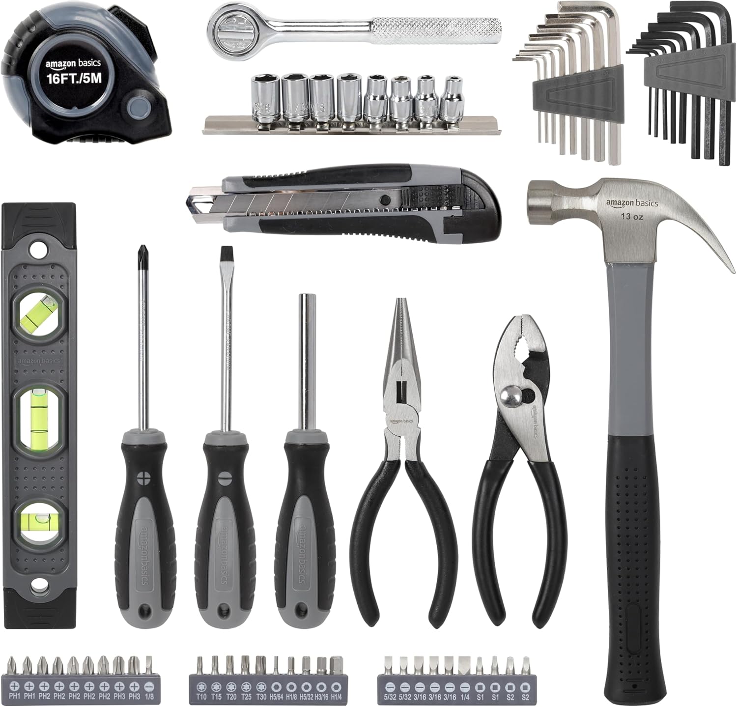 Amazon Basics 65 Piece Home Basic Repair Tool Kit Set With Bag. Silver. Black