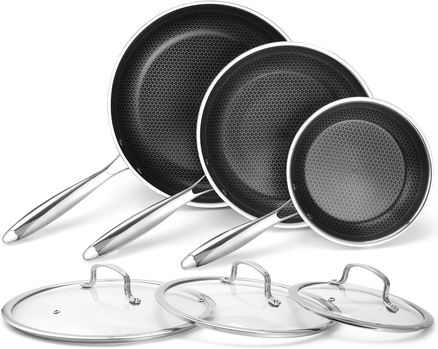 Non Stick Frying Pan Set 6 Piece. 8. 10 & 12-Inch Hybrid Non Toxic Fry Pan Skillet with Tempered Glass Lids Saty-cool Handles. Dishwasher and Oven Safe Compatible with Induction all Cooktop