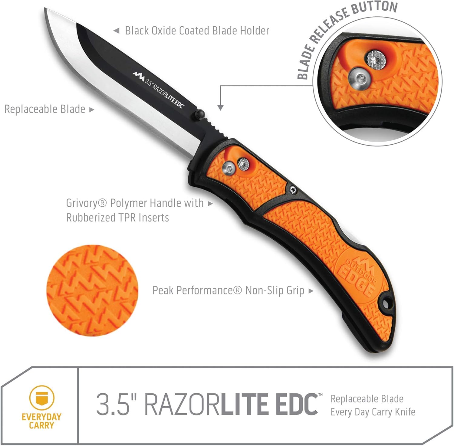 OUTDOOR EDGE 3.5 RazorLite EDC Knife. Pocket Knife with Replaceable Blades and Clip. The Perfect Hunting Blade for Skinning Deer. Blaze Orange with 6 Blades