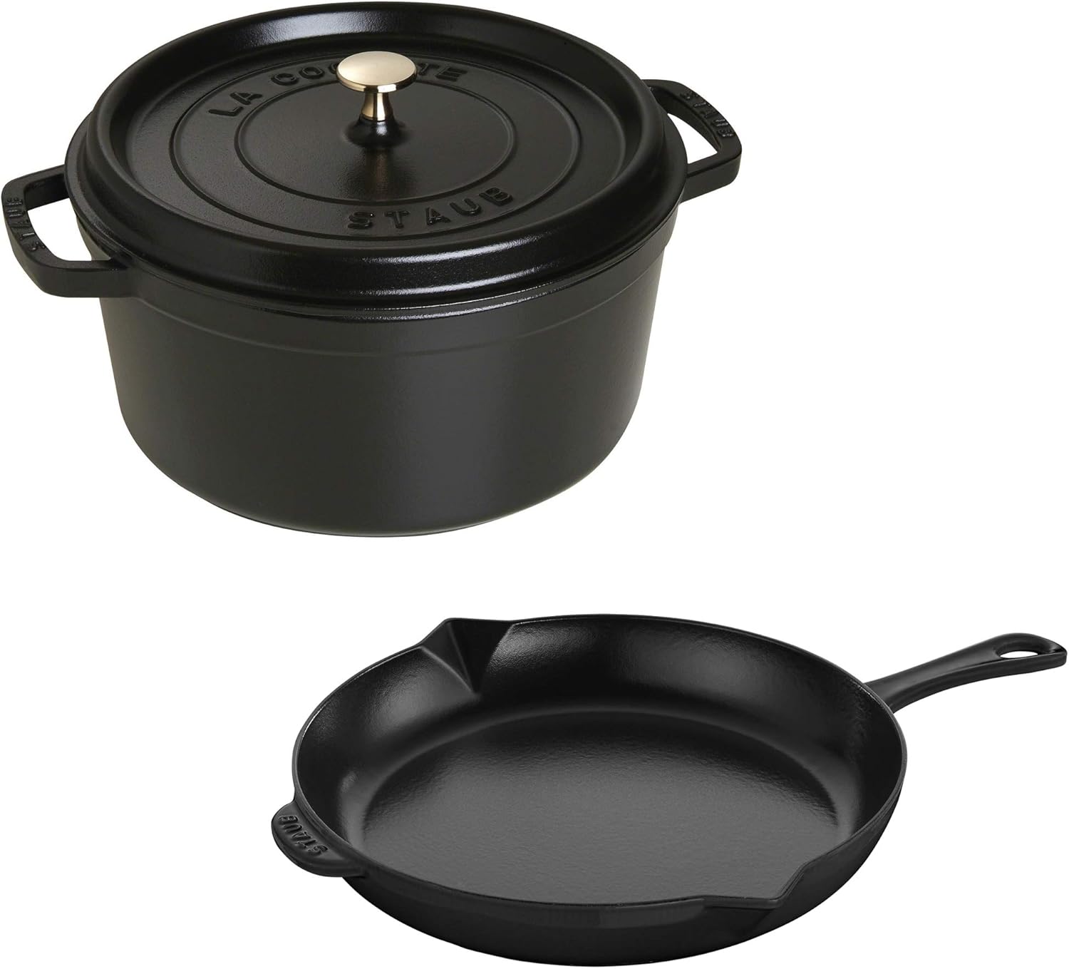 Staub Cast Iron 3-pc Cocotte and Fry Pan Set-Matte Black. Made in France