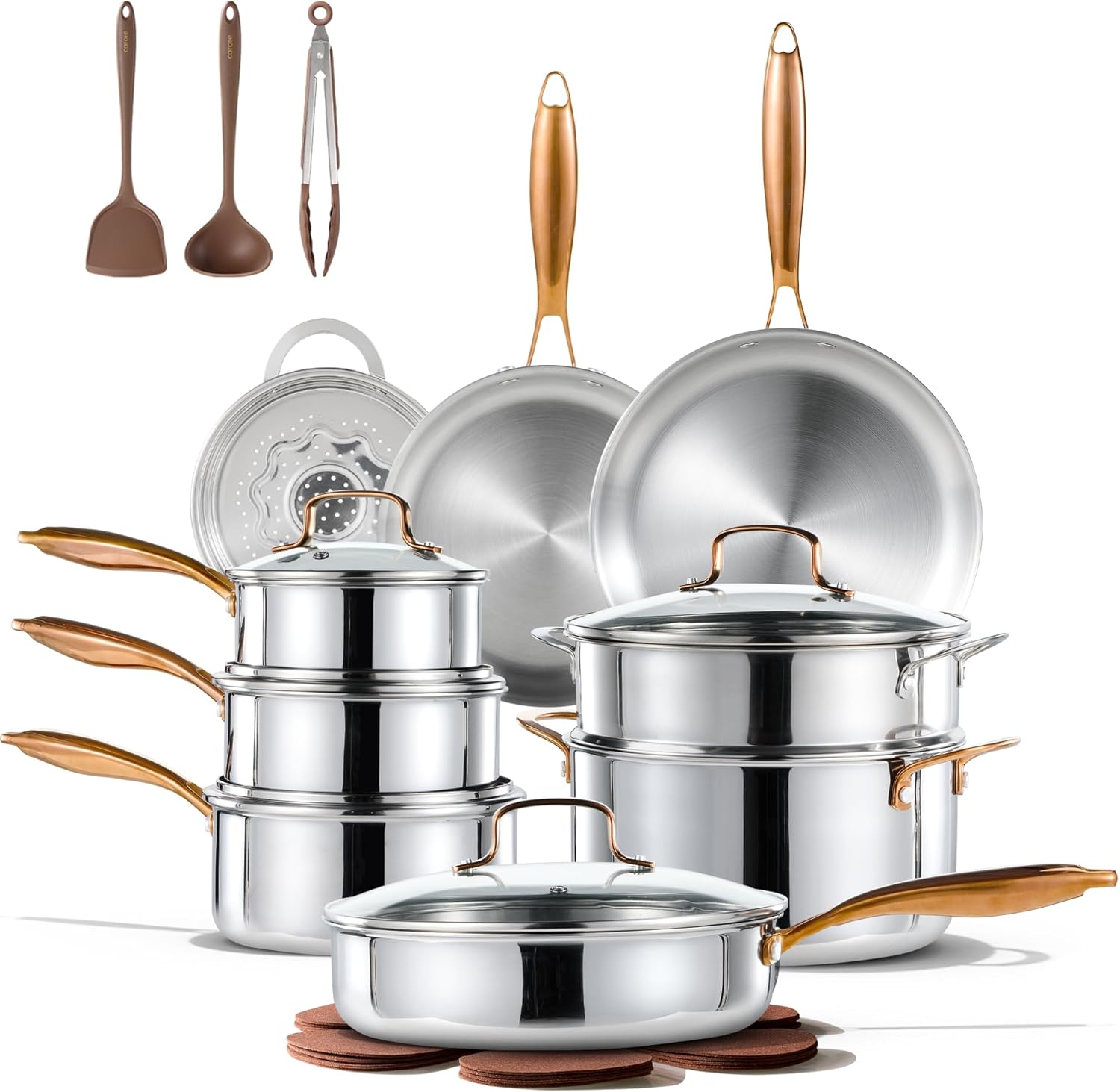 CAROTE 23pcs Tri-Ply Stainless Steel Cookware Set. Pots and Pans Set. Non Stick Induction Kitchen Cooking Sets. Nonstick Cookware Collection. Mirror Polish. Silver