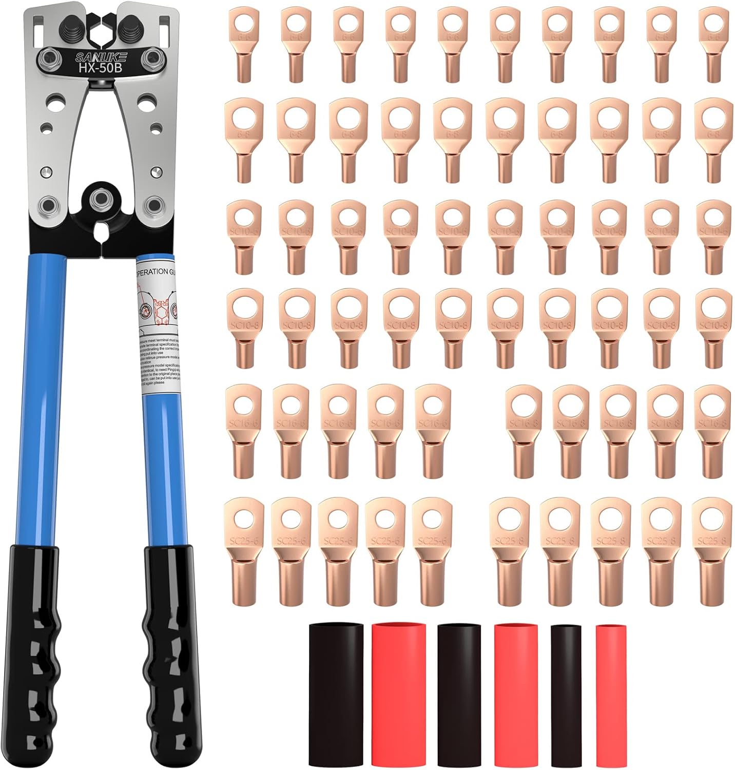 Sanuke Battery Cable Lug Crimping Tool for AWG10-1/0. Wire Terminal Crimper with 60pcs Copper Wire Lugs and Heat Shrink Tubing. Electrical Lug Wire Crimping Tool