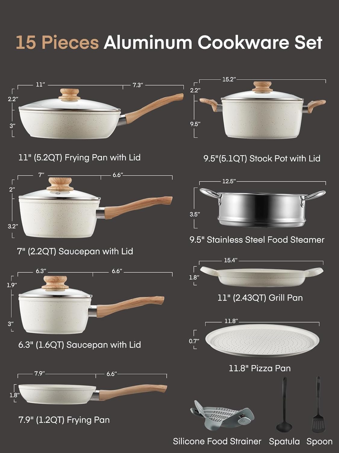 FOHERE Pots and Pans Set with Lids 15 PCS. Aluminum Nonstick Induction Cookware Sets. with Frying Pans. Saucepans. Stock Pot. Pizza Pan. Griddle Pan. and Food Steamer. Silicone Food Strainer. White