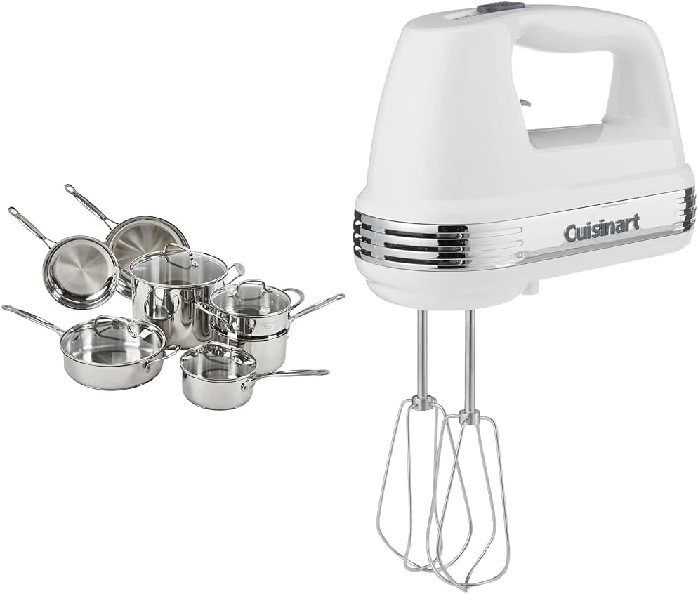 Cuisinart 11-Piece Cookware Set. Chef's Classic Stainless Steel Collection 77-11G & HM-50 Power Advantage 5-Speed Hand Mixer. White