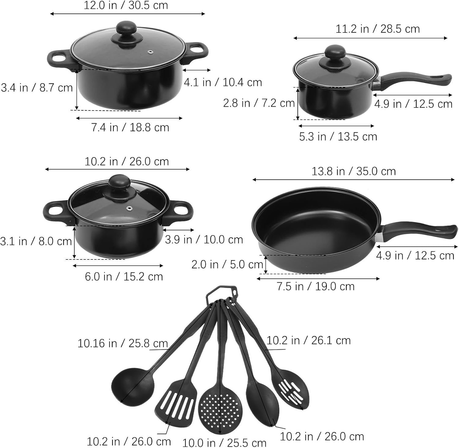 Luxshiny Cast Iron Skillet Set. 13 Pcs in 1 Set Seasoned Pots Pans Set Nonstick Frying Pans with Glass Lids Slotted Spatula Spoon Stovetop Wok Kitchen Cookware Kit