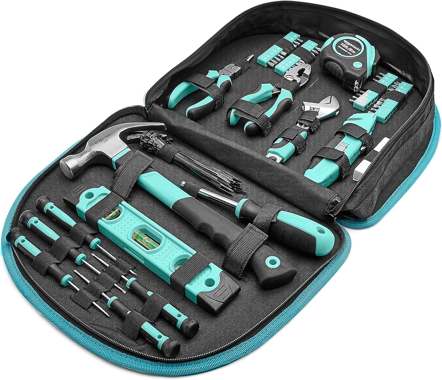 Amazon Basics Tool Set With Easy Carrying Round Pouch. 104-Piece. Turquoise. 14.4 x 11.4 x 3 inches