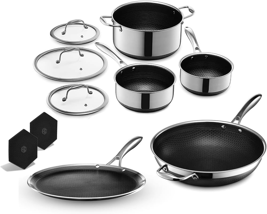 HexClad Hybrid Nonstick 10-Piece Cookware Set. 12 Wok. 12 Griddle. 2. 3. and 8Qt Pots with Lids. and 2 Silicone Trivets. Stay-Cool Handles. Dishwasher and Oven-Safe. Induction Ready