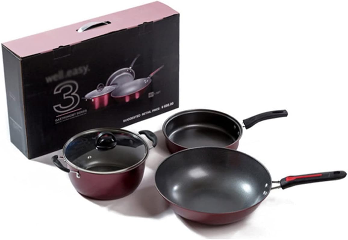 JSEIAJB 3Pcs Kitchen Cookware Set Non-stick Cookware Frying Pan Cooking Pot & Pan Saucepan with Glass lid Home