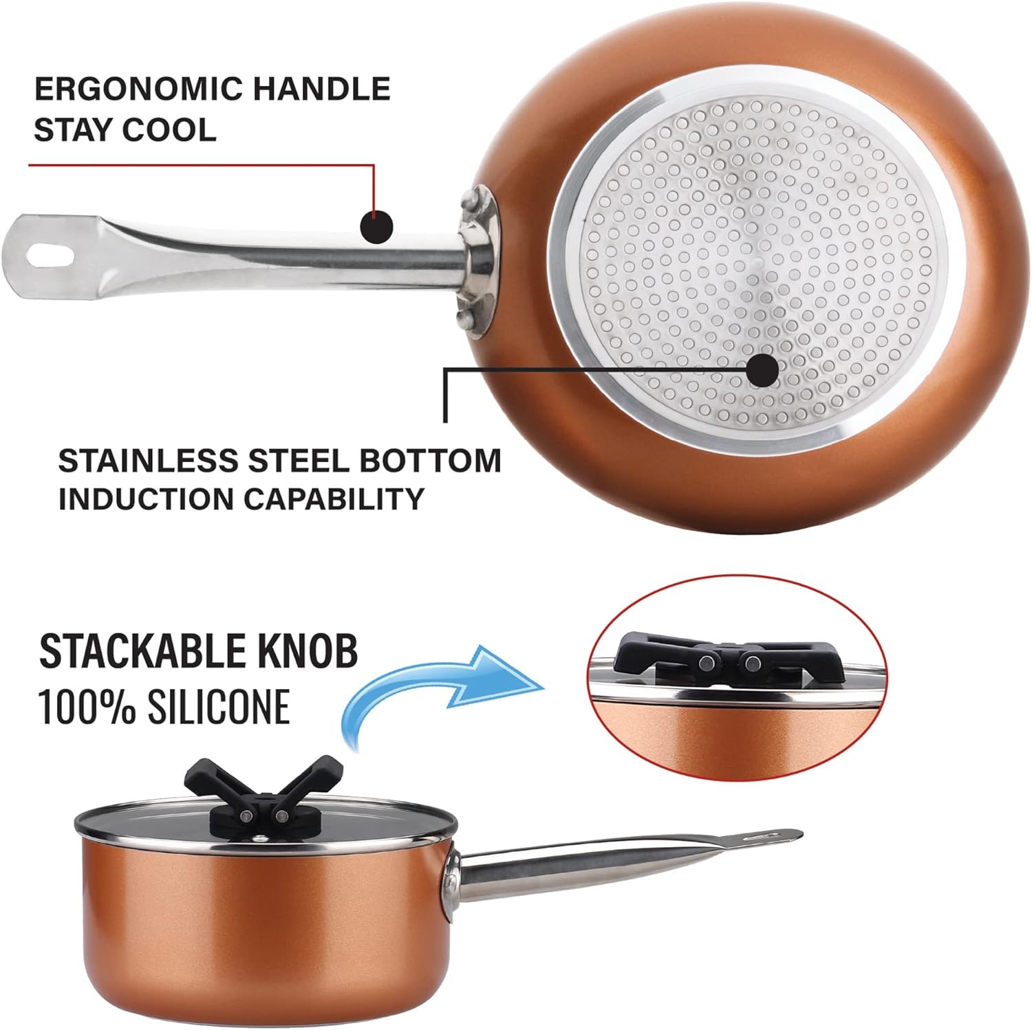 Stackable Stainless Steel Nonstick Cookware Set. Pots W/ Lids (8 Piece). Brown. 10-4408