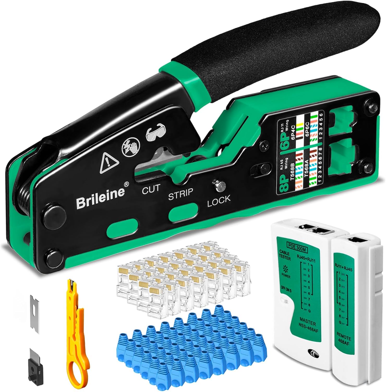 RJ45 Crimp Tool Pass Through Kit Ethernet Crimper Cat5 Cat5e Cat6 Crimping Tool for RJ11/RJ12 6P/8P with Network Lan Cable Tester. 50PCS Cat6 Connectors. 50PCS Boots. Mini Cable Stripper