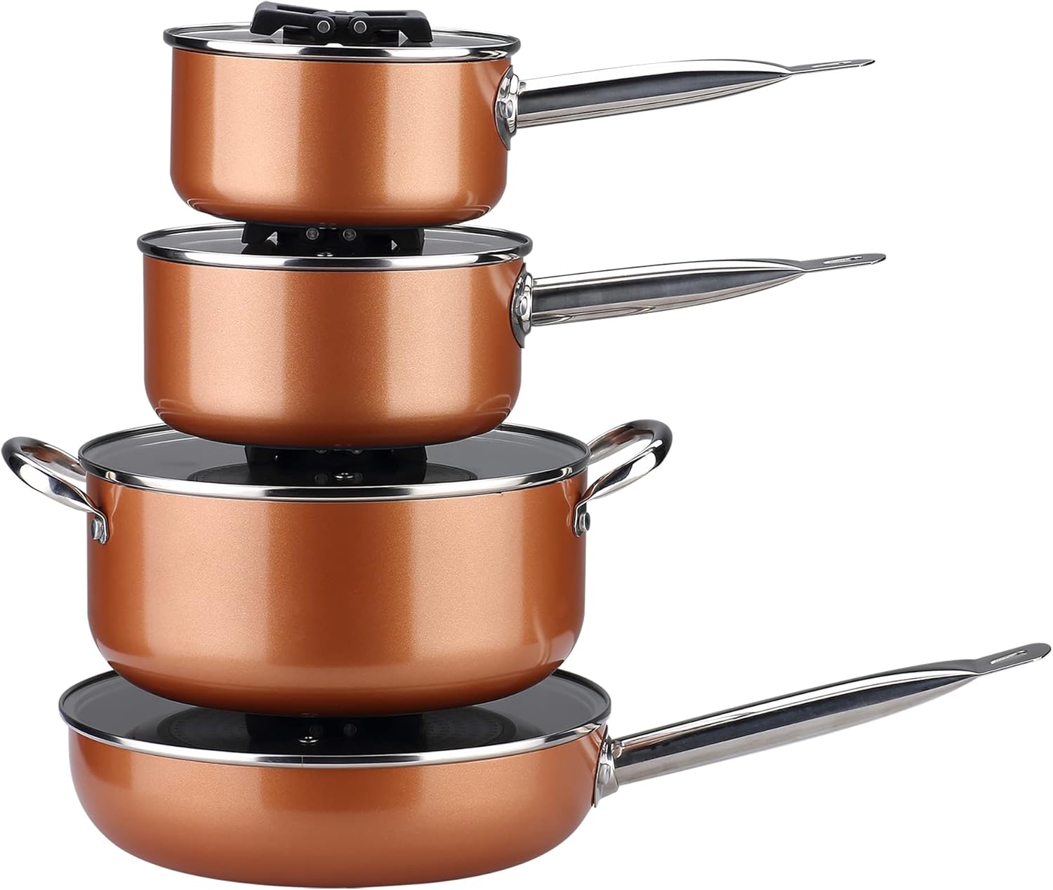 Stackable Stainless Steel Nonstick Cookware Set. Pots W/ Lids (8 Piece). Brown. 10-4408