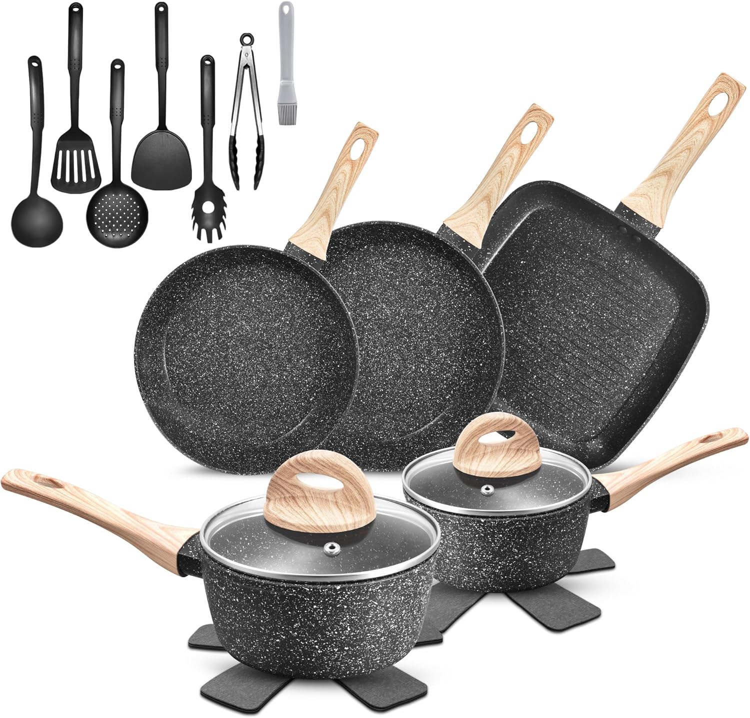 VOTTGO 31 Pcs Pots and Pans Set Non Stick. Black Granite Induction Cookware Set. Non Toxic Healthy RV Kitchen Cooking Set with Silicone Tools and Pot Protectors. PFOA PFOS PFAS Free