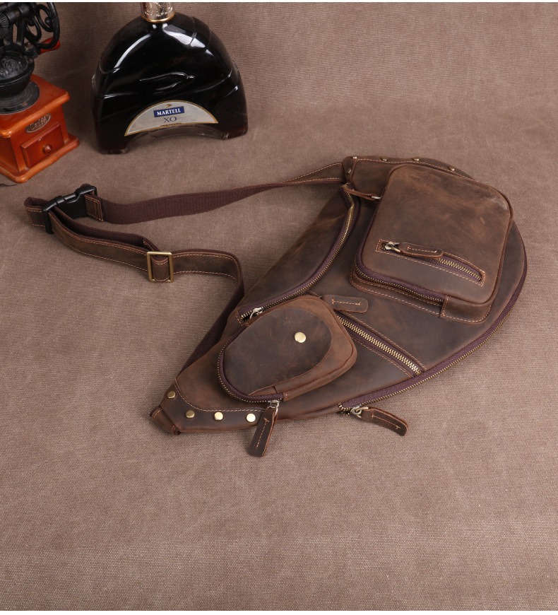 Dark Brown Vintage Oil-Wax Leather Multi-Pocket Sling Backpack