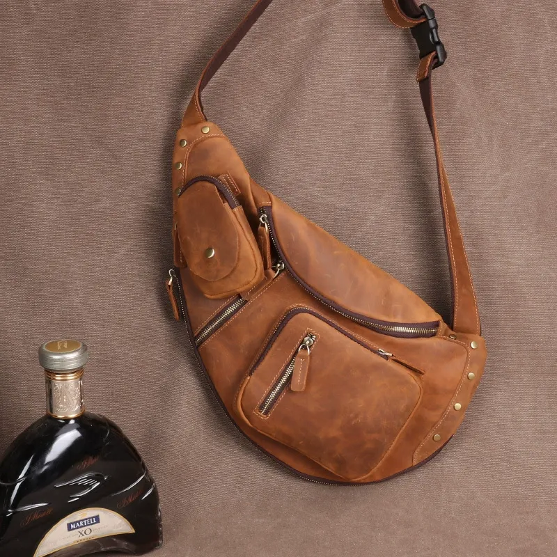 Saddle Brown Vintage Oil-Wax Leather Multi-Pocket Sling Backpack