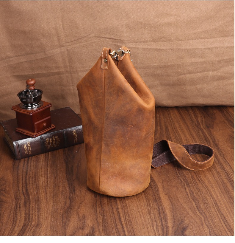 Brown Vintage Full-Grain Leather Drawstring Sling Bag