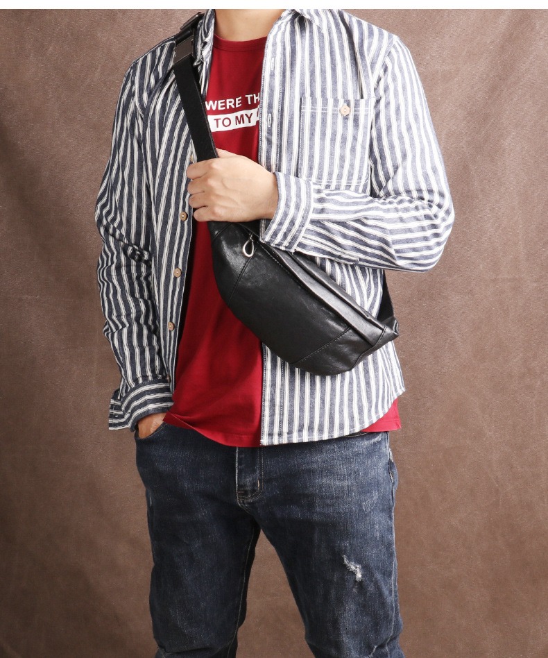 Black Vintage Oil-Wax Leather Waist Bag / Chest Sling