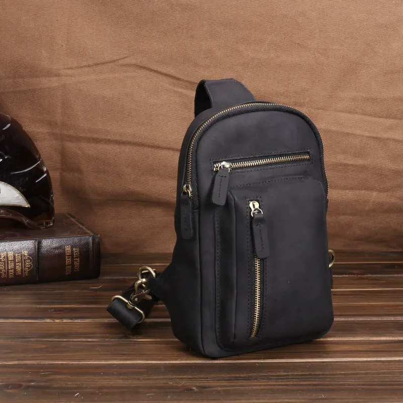 Black Vintage Full-Grain Leather Crossbody Sling Bag