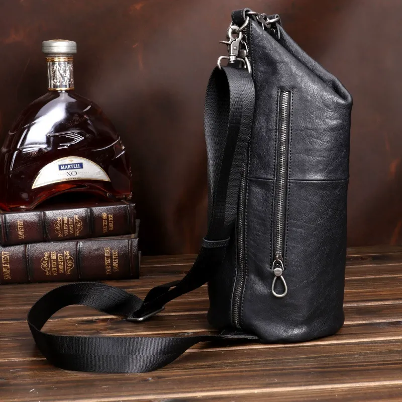 Black Vintage Full-Grain Leather Tube Sling Bag
