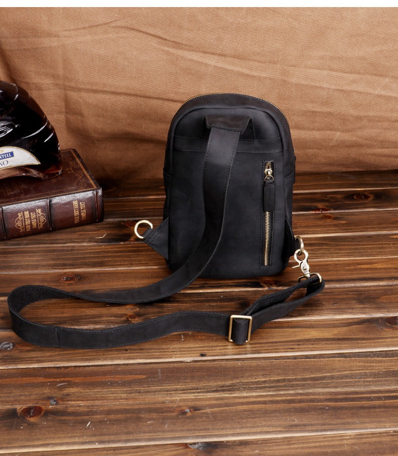 Black Vintage Full-Grain Leather Crossbody Sling Bag