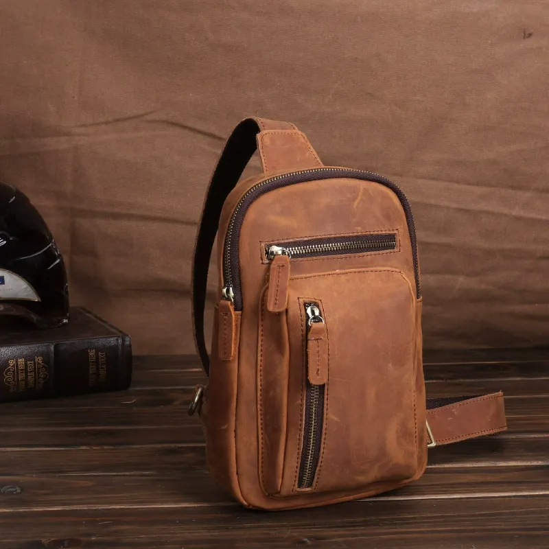 Brown Vintage Full-Grain Leather Crossbody Sling Bag