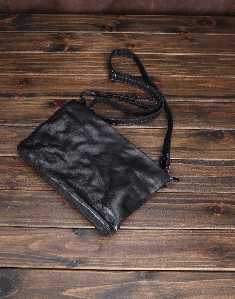 Jet Black Vintage Oil-Wax Leather Slim Crossbody Bag