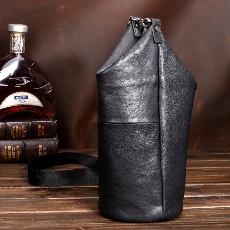 Black Vintage Full-Grain Leather Tube Sling Bag