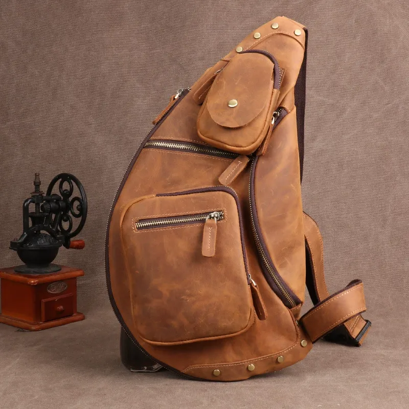 Saddle Brown Vintage Oil-Wax Leather Multi-Pocket Sling Backpack