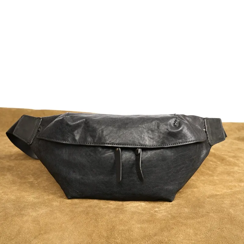 Midnight Black Vintage Oil-Wax Leather Crossbody Sling Bag