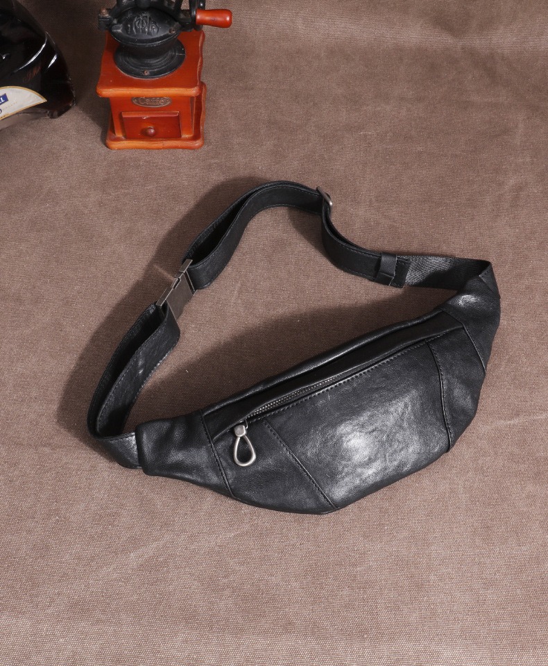 Black Vintage Oil-Wax Leather Waist Bag / Chest Sling