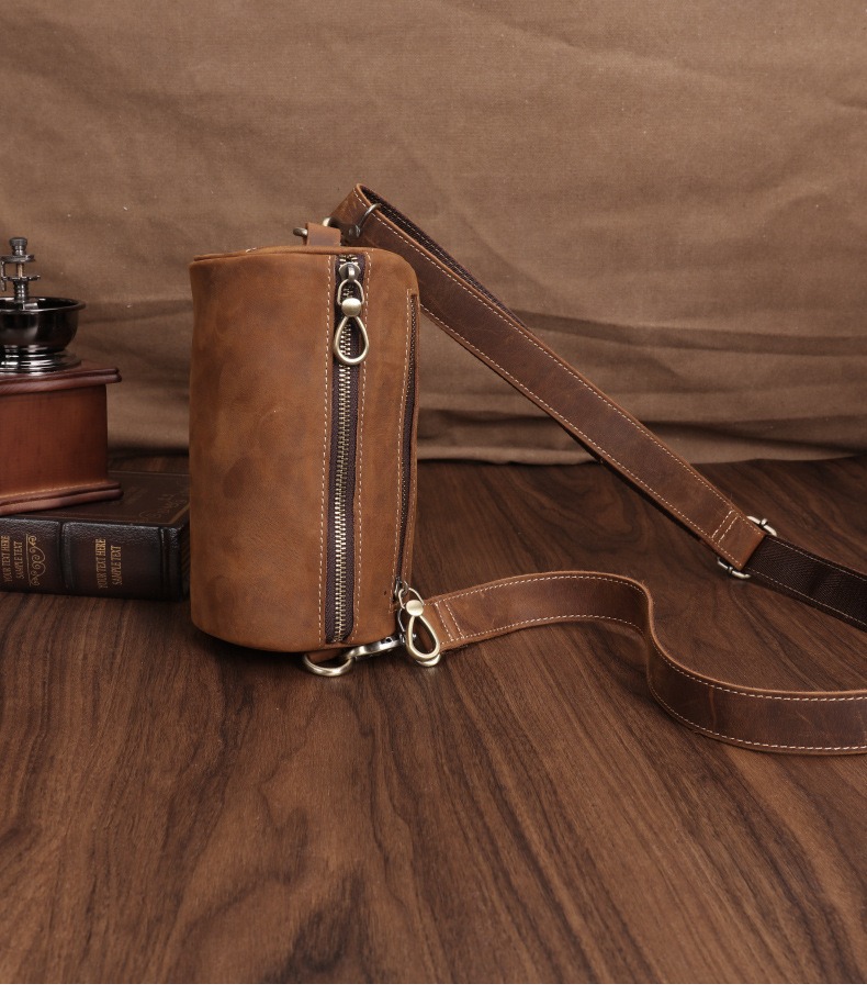 Brown Vintage Oil-Wax Leather Cylinder Crossbody Bag