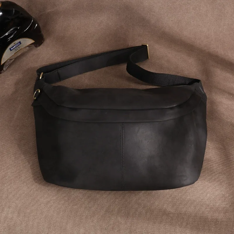 Matte Black Vintage Oil-Wax Leather Crossbody Sling Bag