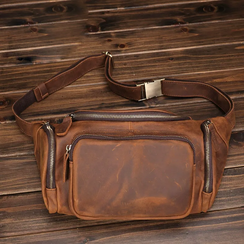 Vintage Full-Grain Leather Multi-Pocket Waist Bag
