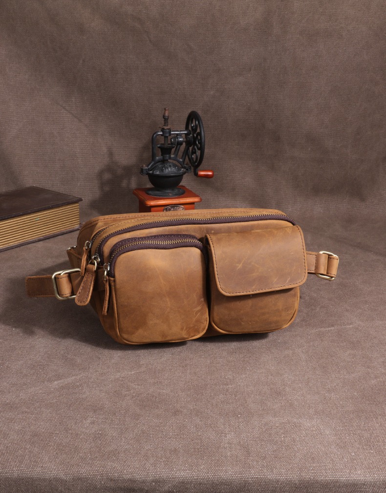 Vintage Full-Grain Leather Multi-Pocket Waist Bag