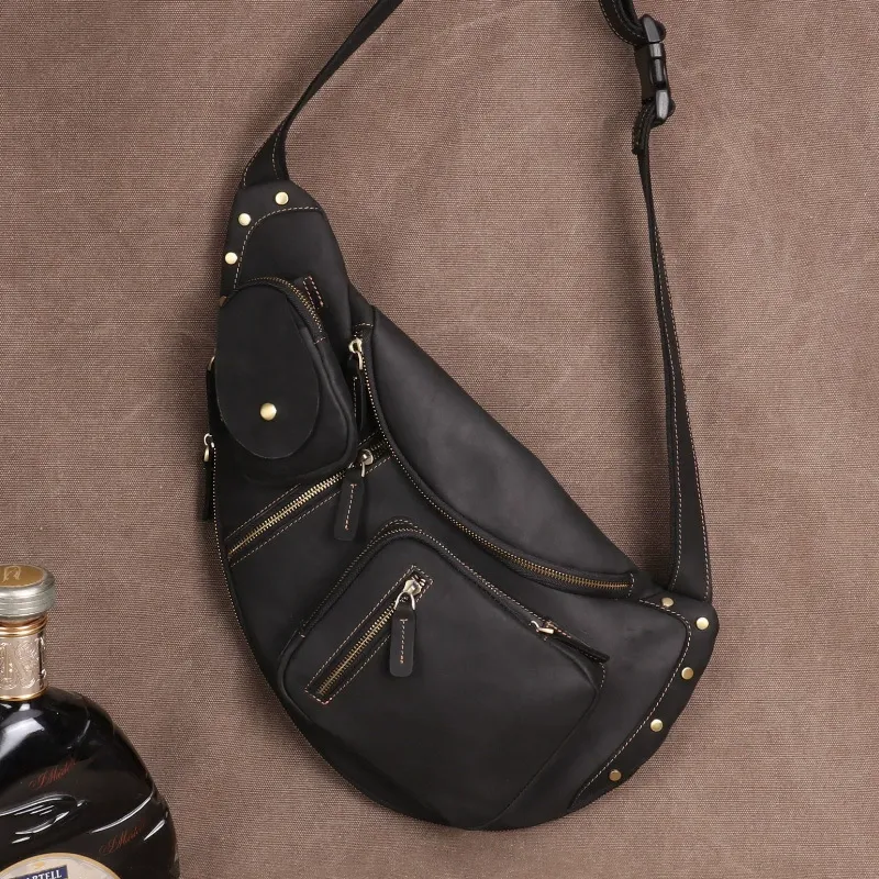 Matte Black Vintage Oil-Wax Leather Multi-Pocket Sling Backpack