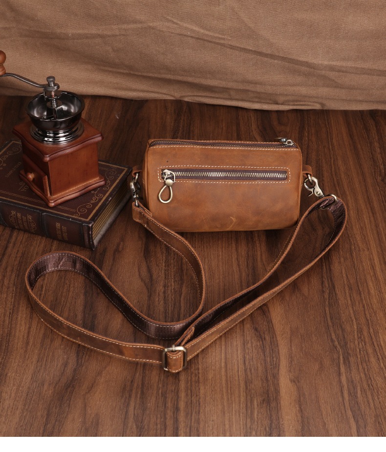 Brown Vintage Oil-Wax Leather Cylinder Crossbody Bag