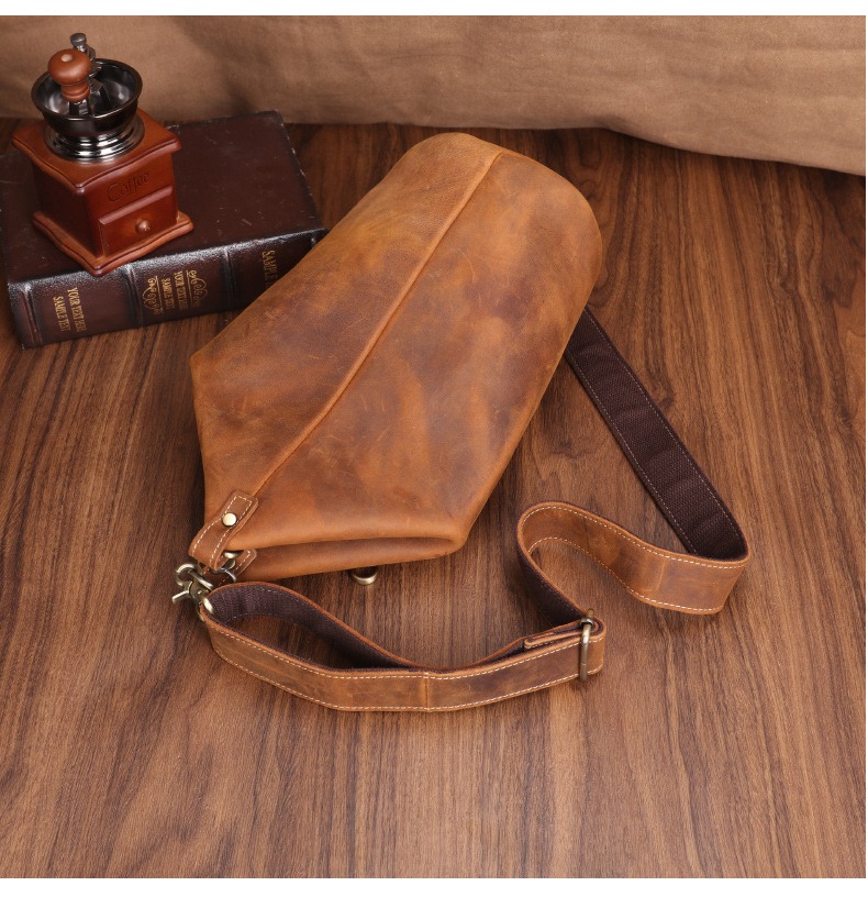 Brown Vintage Full-Grain Leather Drawstring Sling Bag