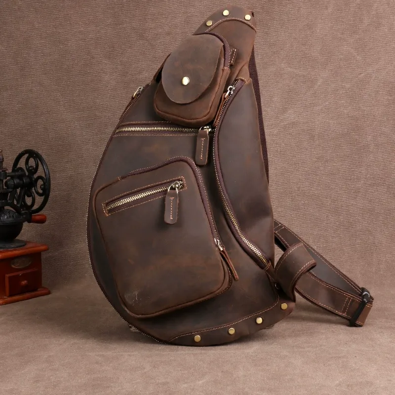 Dark Brown Vintage Oil-Wax Leather Multi-Pocket Sling Backpack