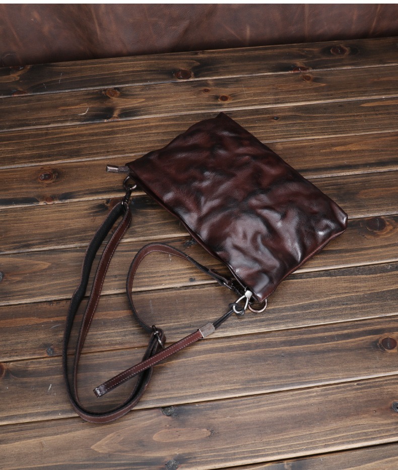 Jet Black Vintage Oil-Wax Leather Slim Crossbody Bag