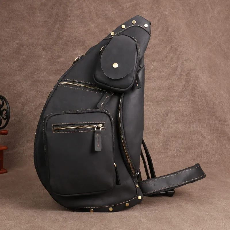 Matte Black Vintage Oil-Wax Leather Multi-Pocket Sling Backpack