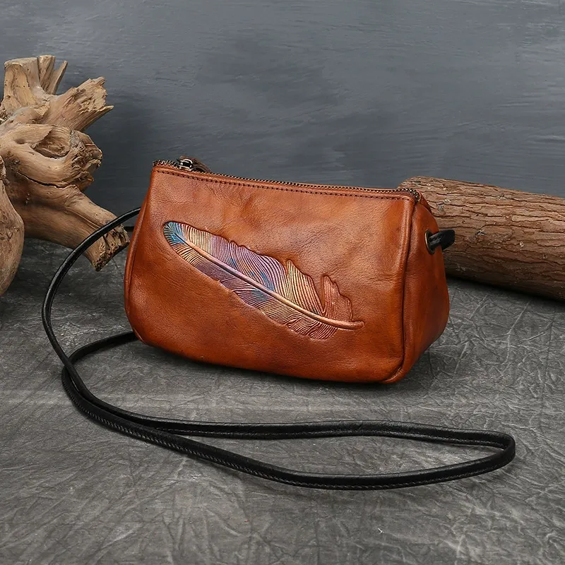 Handcrafted Full-Grain Leather Crossbody Bag with Colorful Feather Embossing