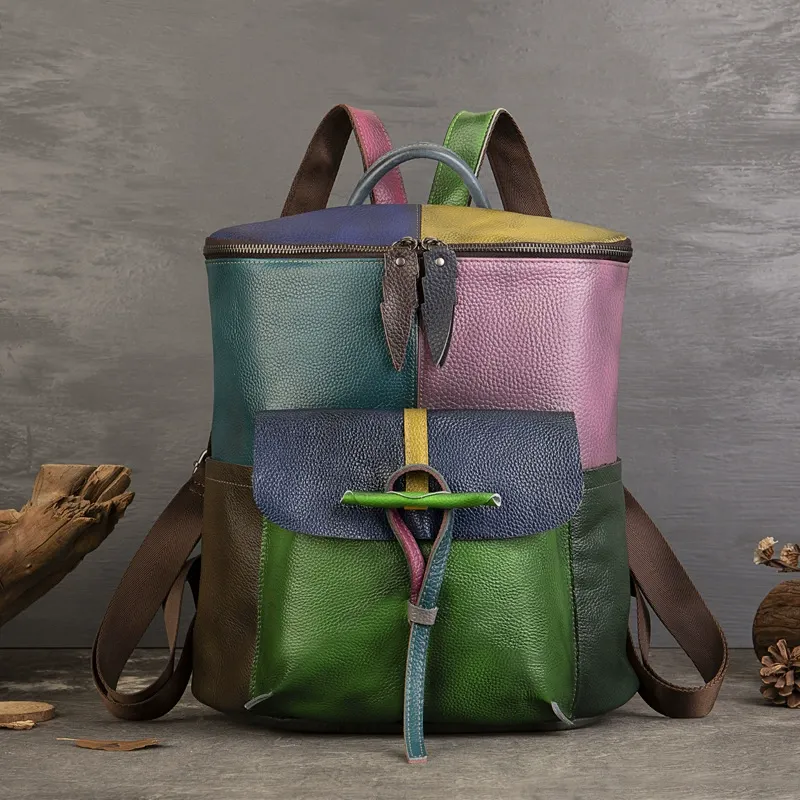 Vintage Multicolor Patchwork Genuine Leather Backpack
