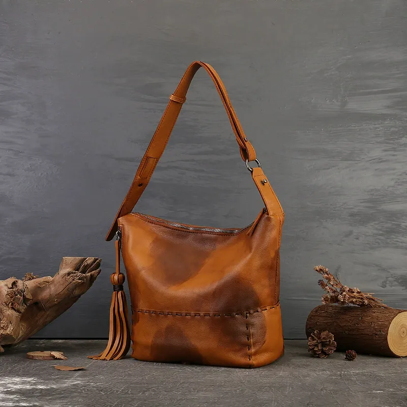 Vintage Waxed Leather Hobo Shoulder Bag