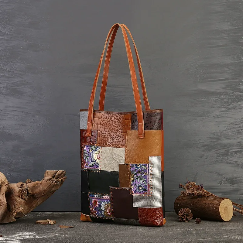 Handcrafted Patchwork Genuine Leather Tote Bag