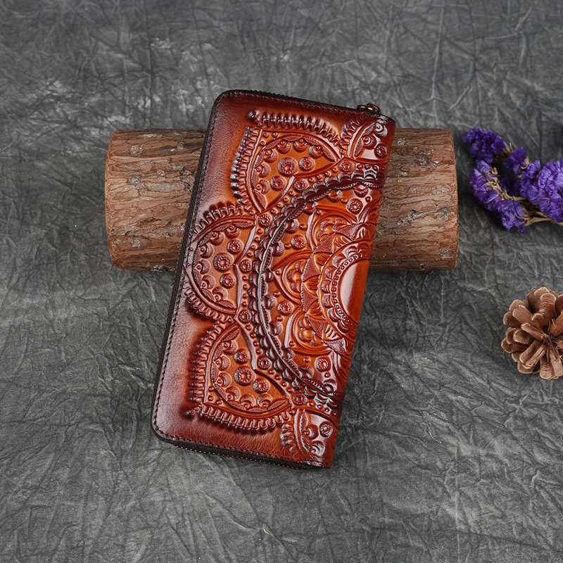 Handcrafted Full-Grain Leather Long Wallet with Vintage Mandala Embossing