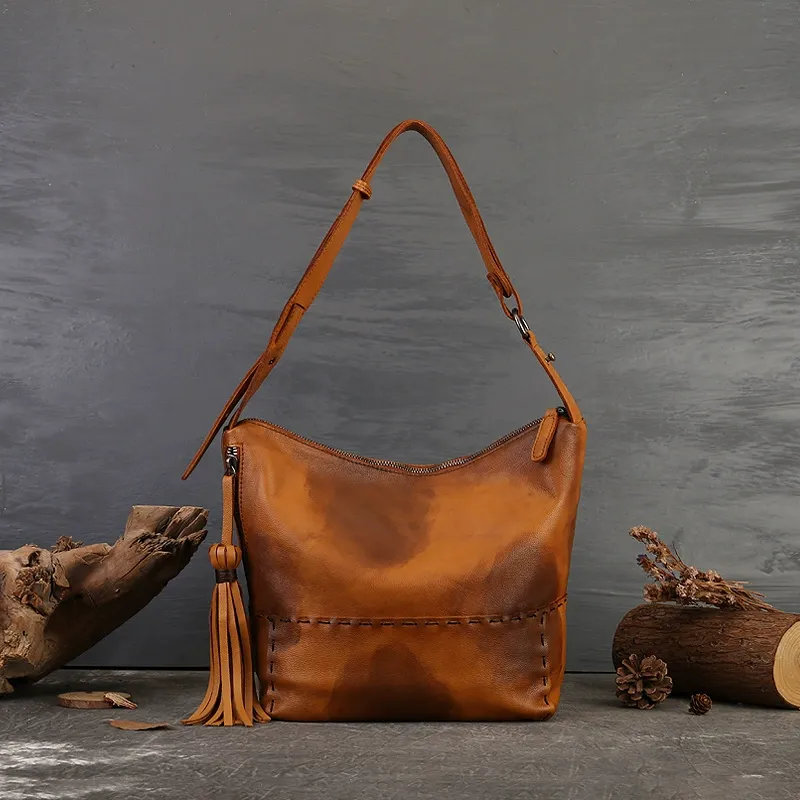 Vintage Waxed Leather Hobo Shoulder Bag