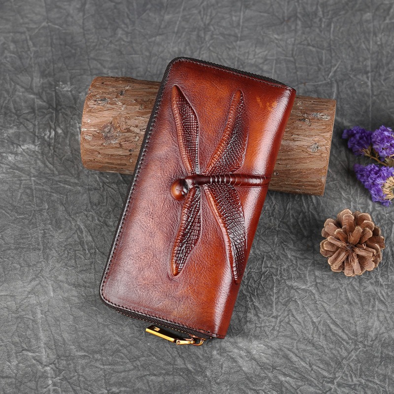 Handcrafted Genuine Leather Long Wallet with 3D Dragonfly Embossing