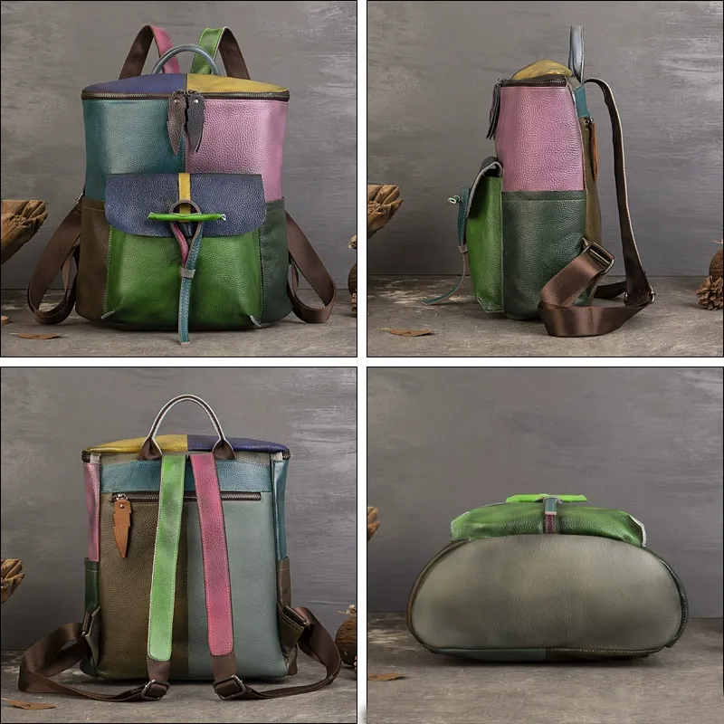 Vintage Multicolor Patchwork Genuine Leather Backpack