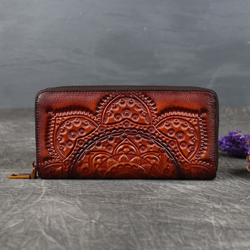 Handcrafted Full-Grain Leather Long Wallet with Vintage Mandala Embossing