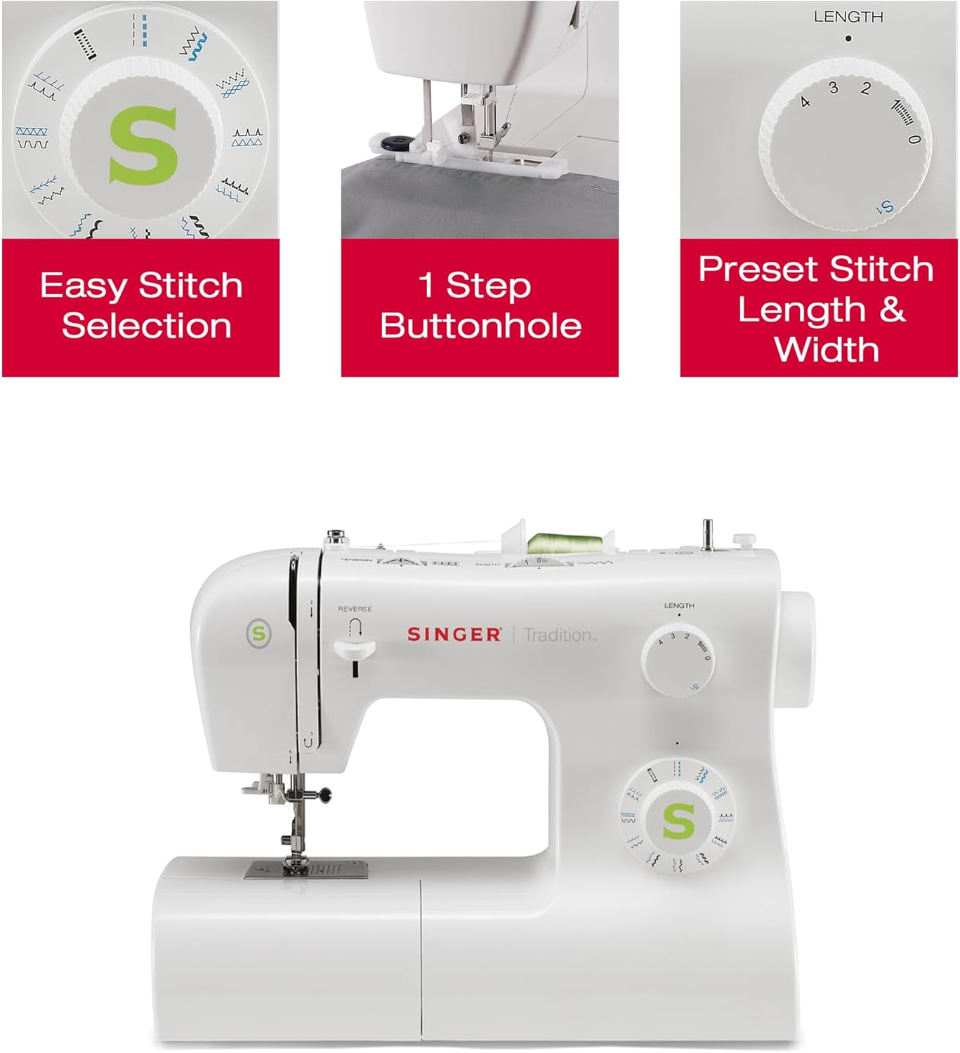 SINGER Tradition 2277 Sewing Machine with Automatic Needle Threader | 97 Stitch Applications, 1-Step Buttonhole, Adjustable Stitch Length & Width & Heavy-Duty Metal Frame (White)