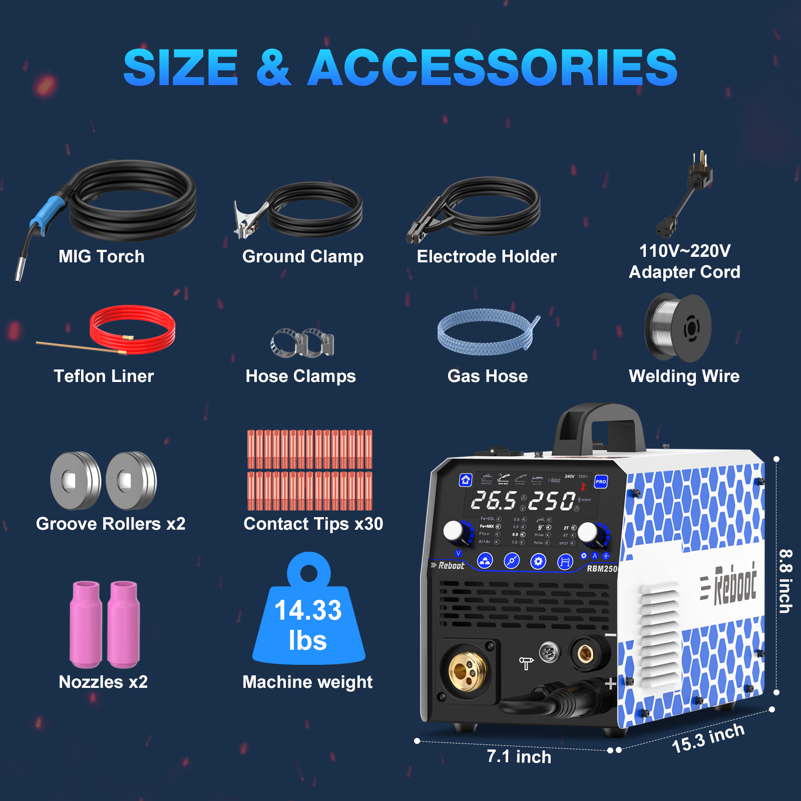 250Amp MIG Welder TIG Torch Included 120V/240V RBM2500 PRO, 8-in-1 Multiprocess Welding Machine with Dual Aluminum Welding Modes Gas MIG/Gasless Flux Core/MAG/Lift TIG/Stick/Spot/Spool Gun Reboot